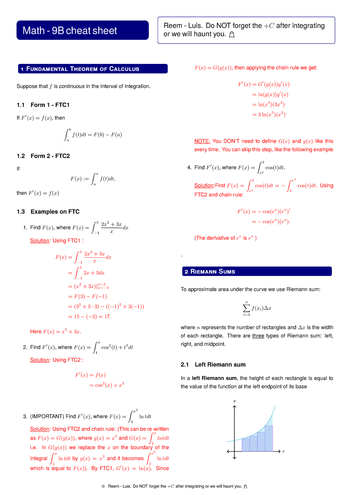 Math 9B Cheatsheet - cheat sheet for ucr math009b midterm - Math - 9B ...