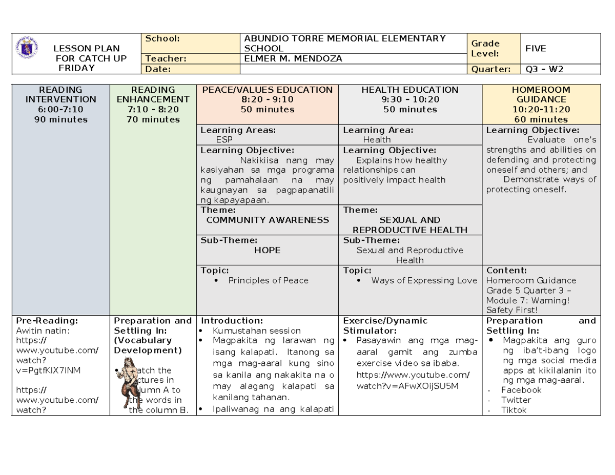 Catch-UP PLAN G5 WEEK 2 - Daily Lesson Log - LESSON PLAN FOR CATCH UP ...