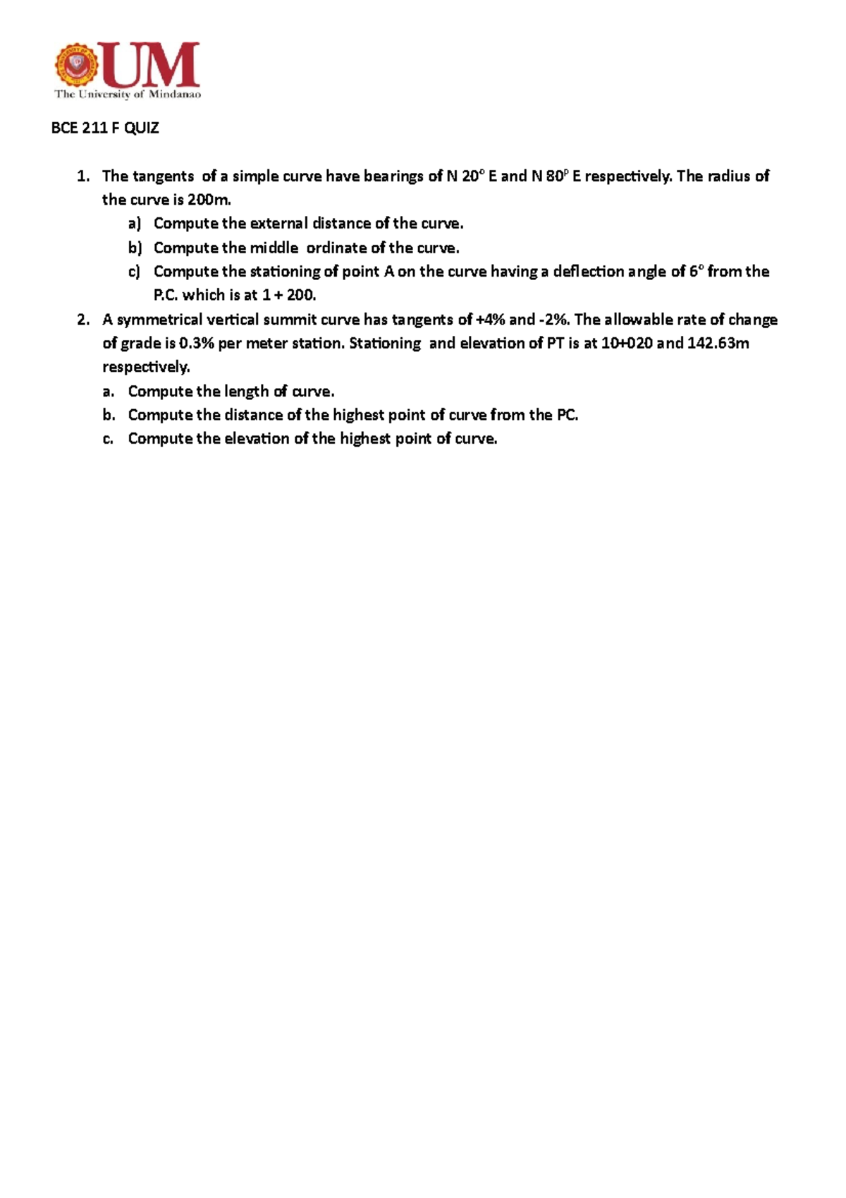BCE 221 F  Lecture notes  BCE 211 F QUIZ The tangents of a simple