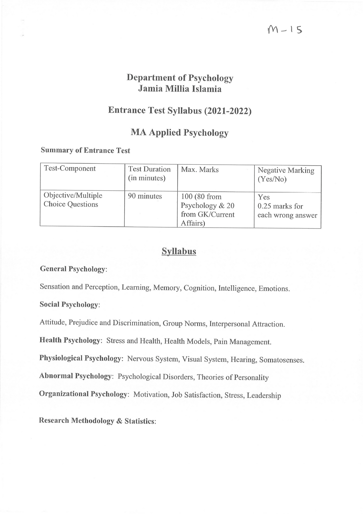 phd psychology entrance exam syllabus