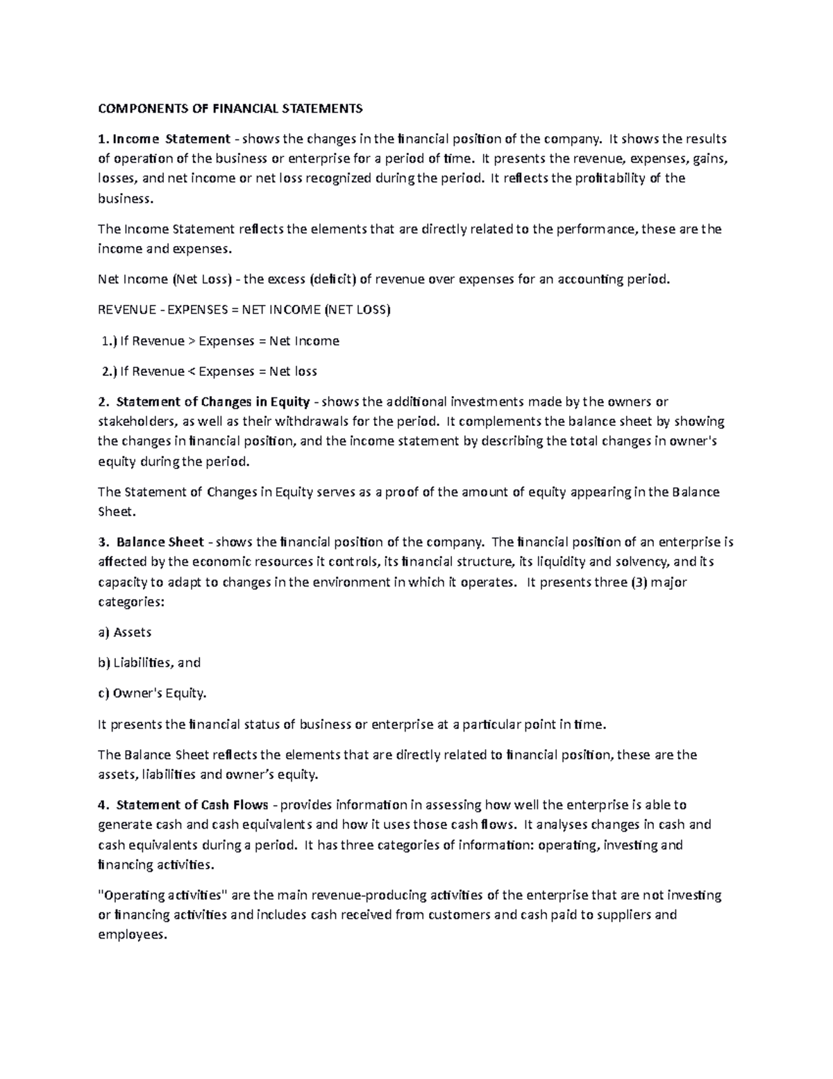 Components OF Financial Statements - COMPONENTS OF FINANCIAL STATEMENTS ...