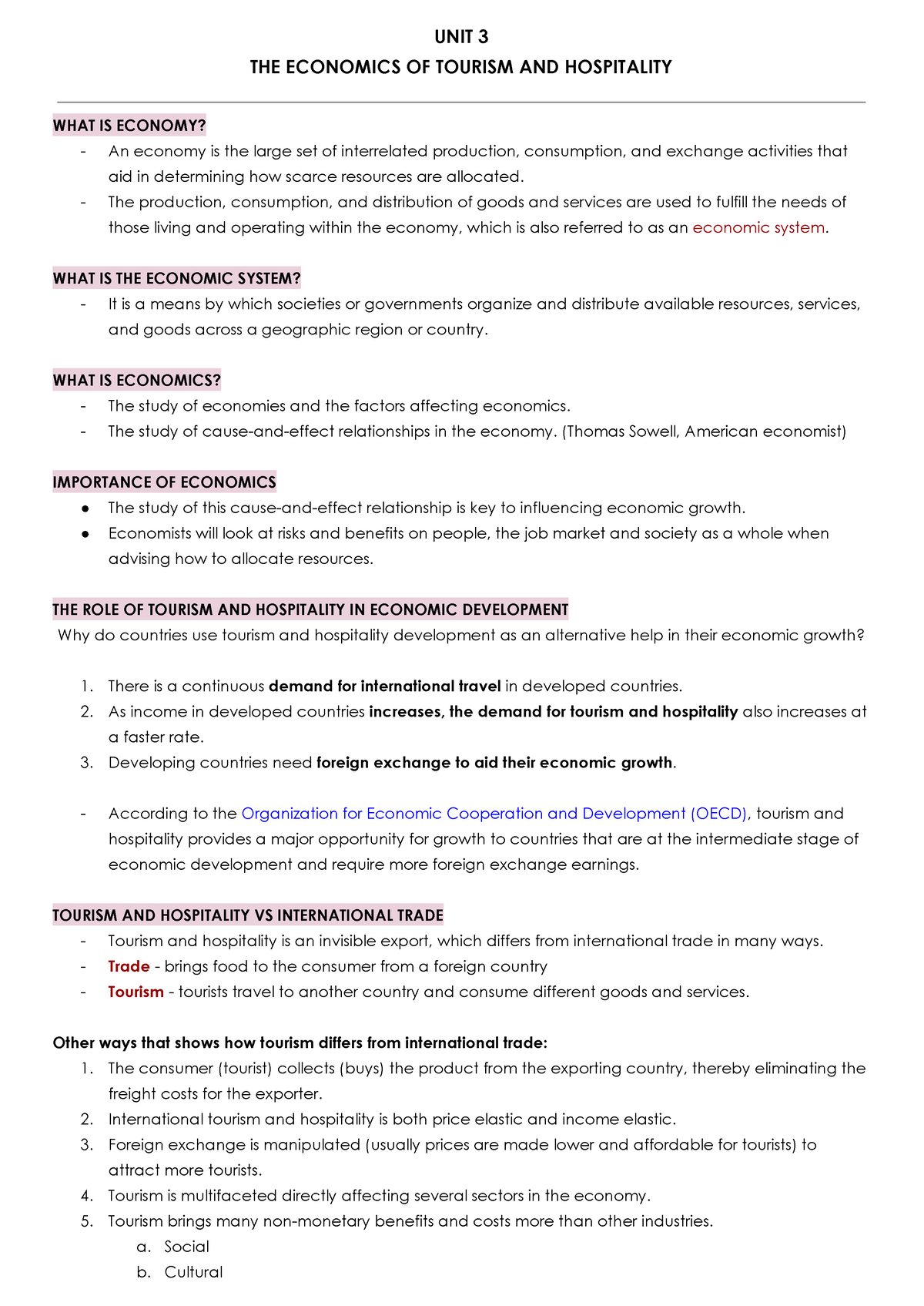 UNIT 3 THE Economic OF Tourism AND Hospitality - UNIT 3 THE ECONOMICS ...