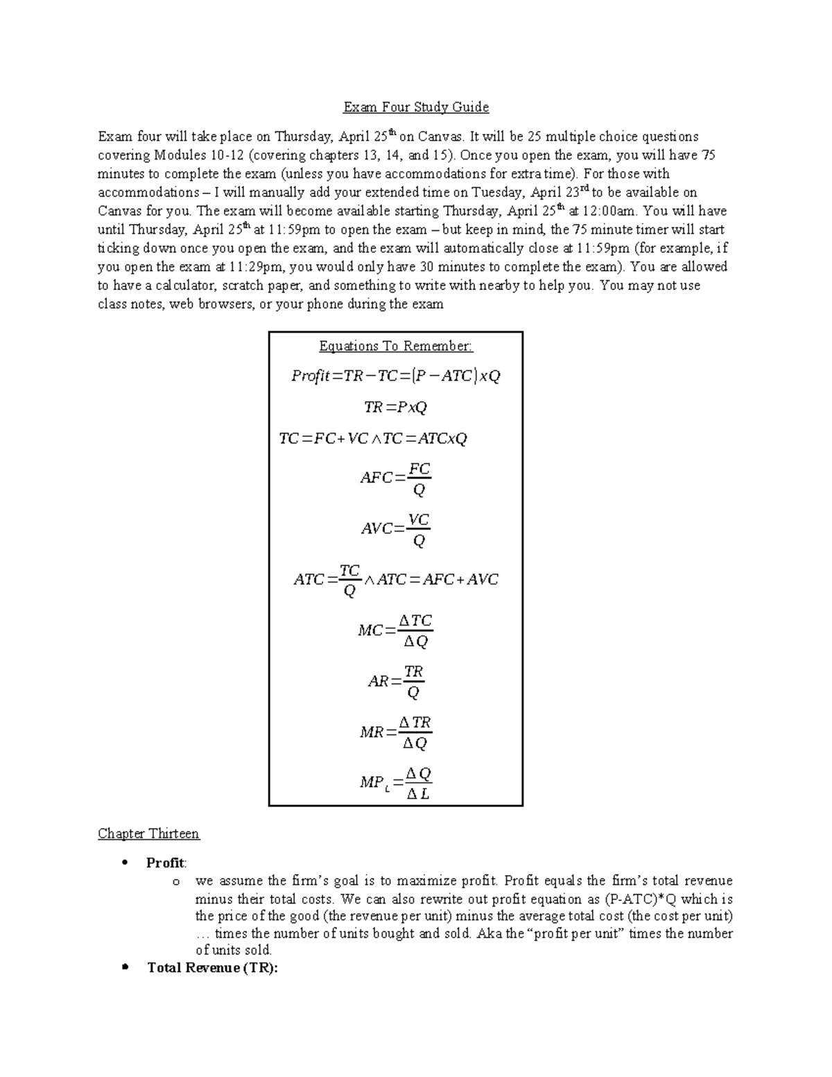 Exam Four Detailed Study Guide Spring 2024 Econ2020-010 - Exam Four ...