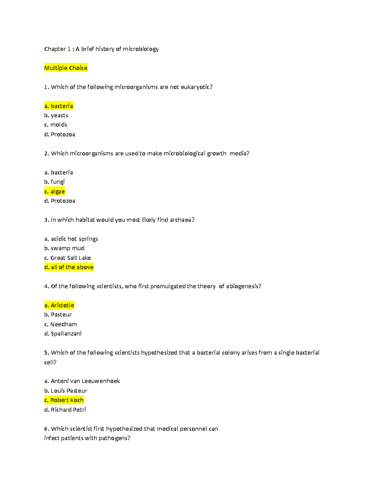 Microbiology Chap 1 Multiple choice Chapter 1 A brief history of