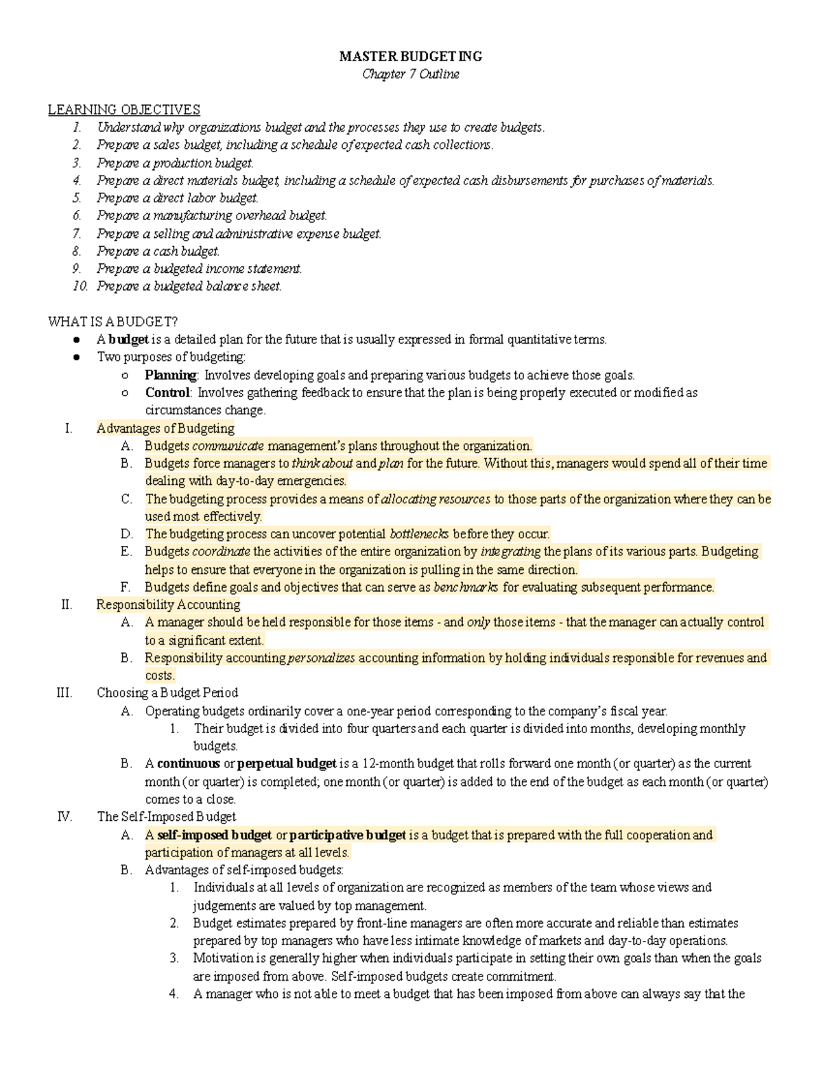 ACCT 201B Chapter 7 Outline - MASTER BUDGETING Chapter 7 Outline ...