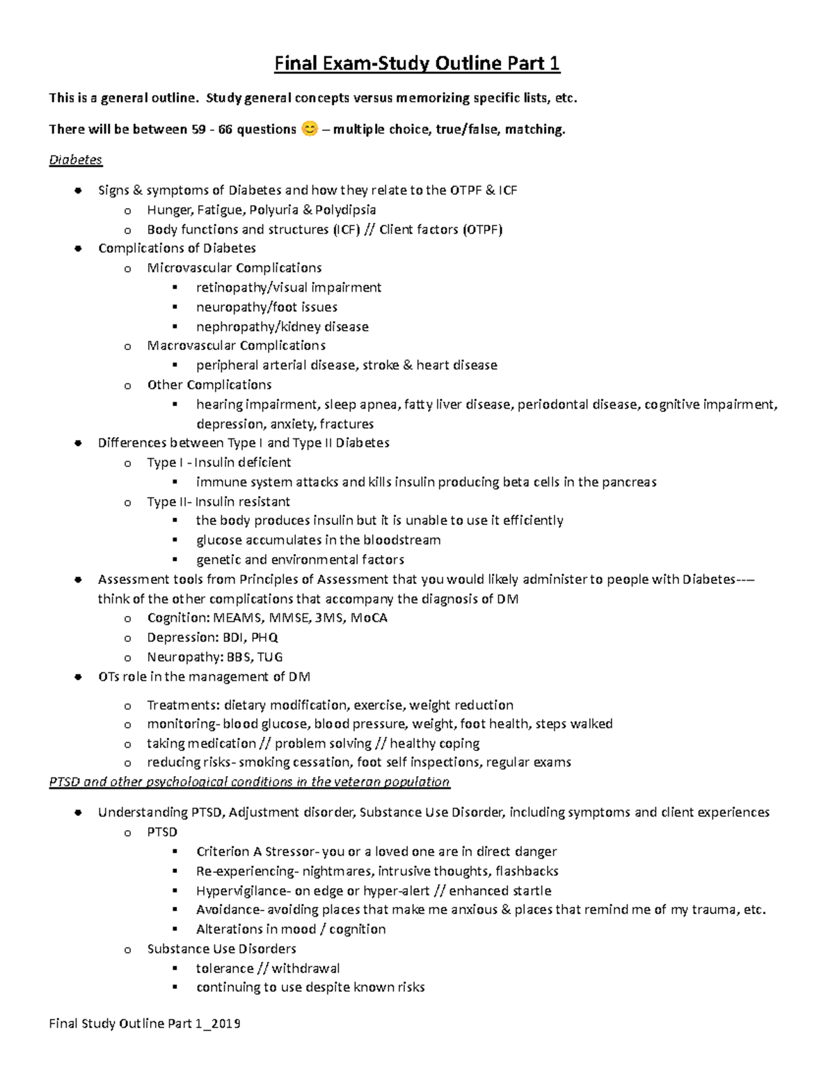 Final Exam-Study Outline Part 1 2019 - Final Exam-Study Outline Part 1 ...