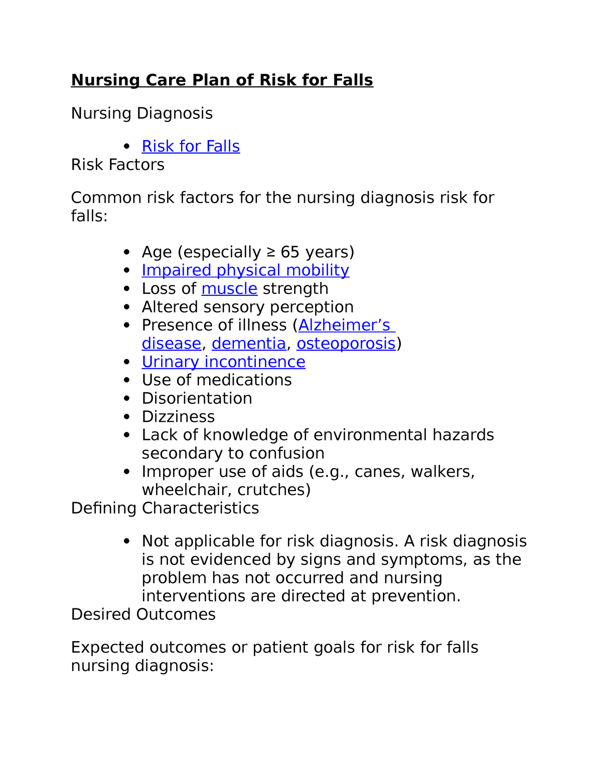 Nursing Care Plan Of Risk For Falls Nursing Care Plan Of Risk For 