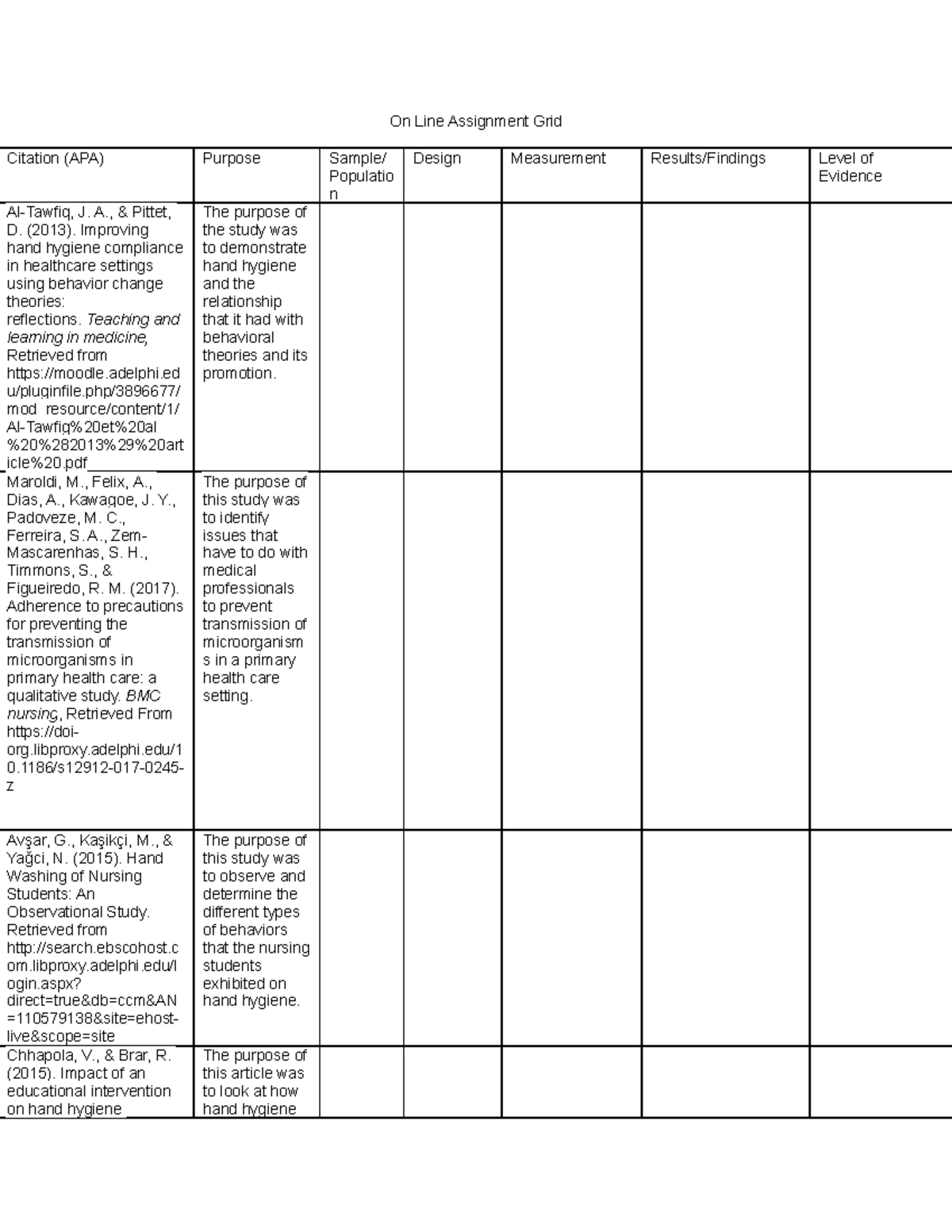 EBP On Line Assignment Grid Purpose Collum blank week 4 - On Line ...
