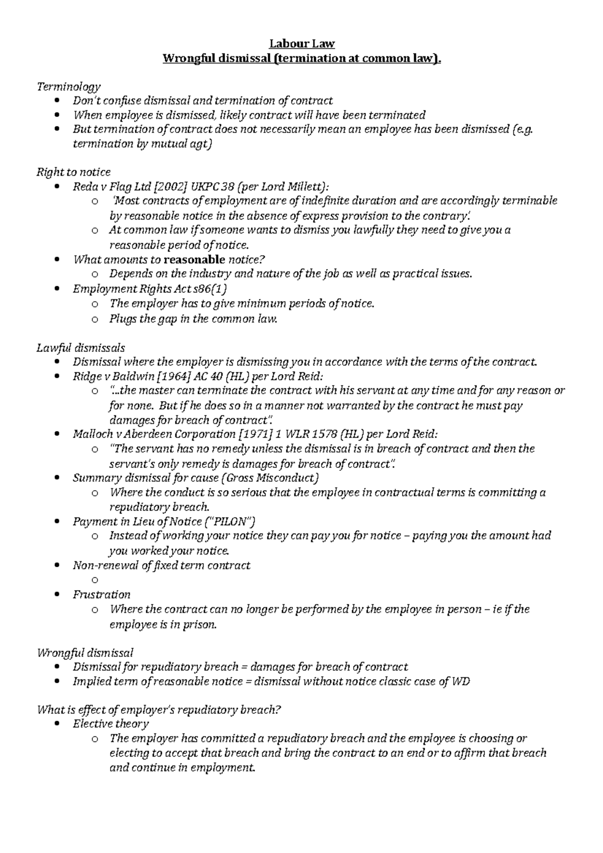 Labour Law - Wrongful dismissal - Labour Law Wrongful dismissal ...