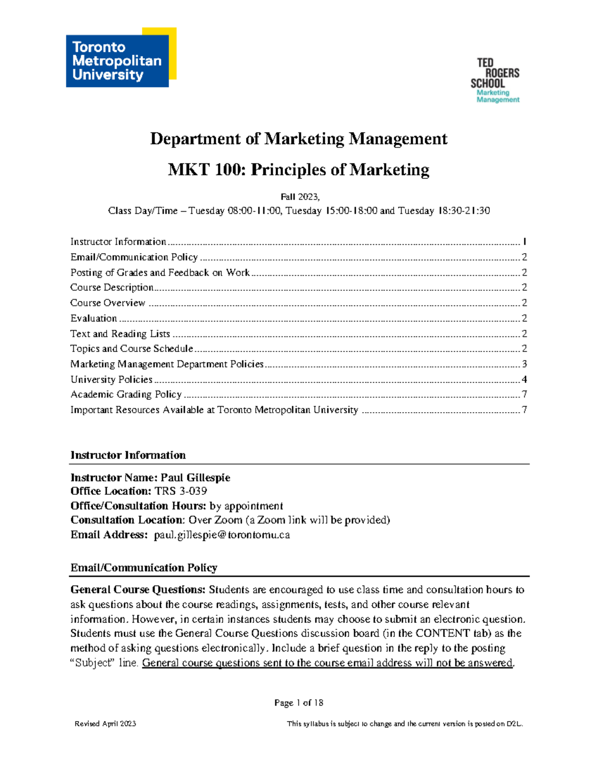 MKT 100 - marketing outline - Page 1 of 18 Revised April 2023 This ...
