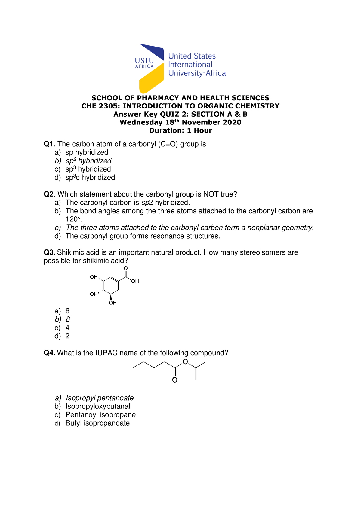 Quiz 2 Section A And B Fall 2020 - SCHOOL OF PHARMACY AND HEALTH ...