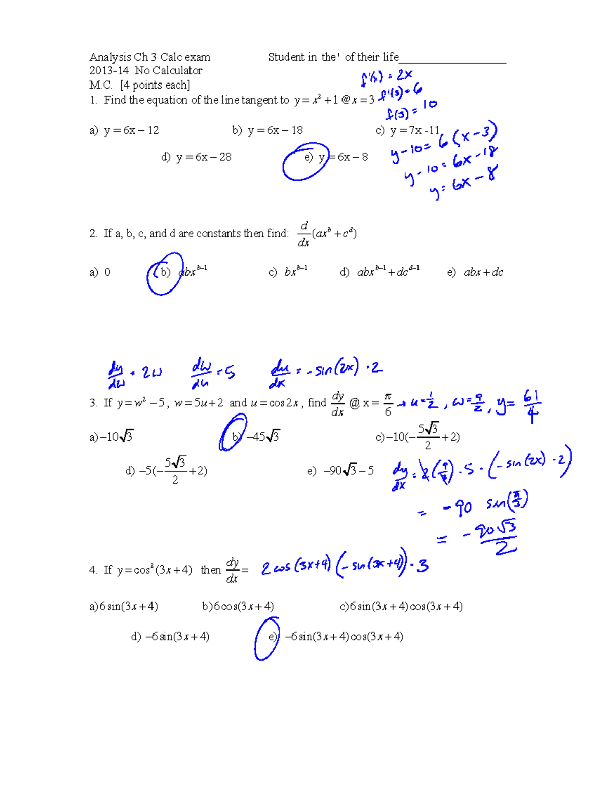 A11Ch3exam2013 14 KEY Part1 Analysis Ch 3 Calc exam Student in the