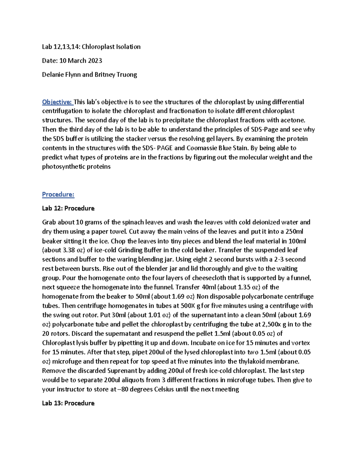 Document 3 - lab report outline for cell bio lab k324 - Lab 12,13,14 ...