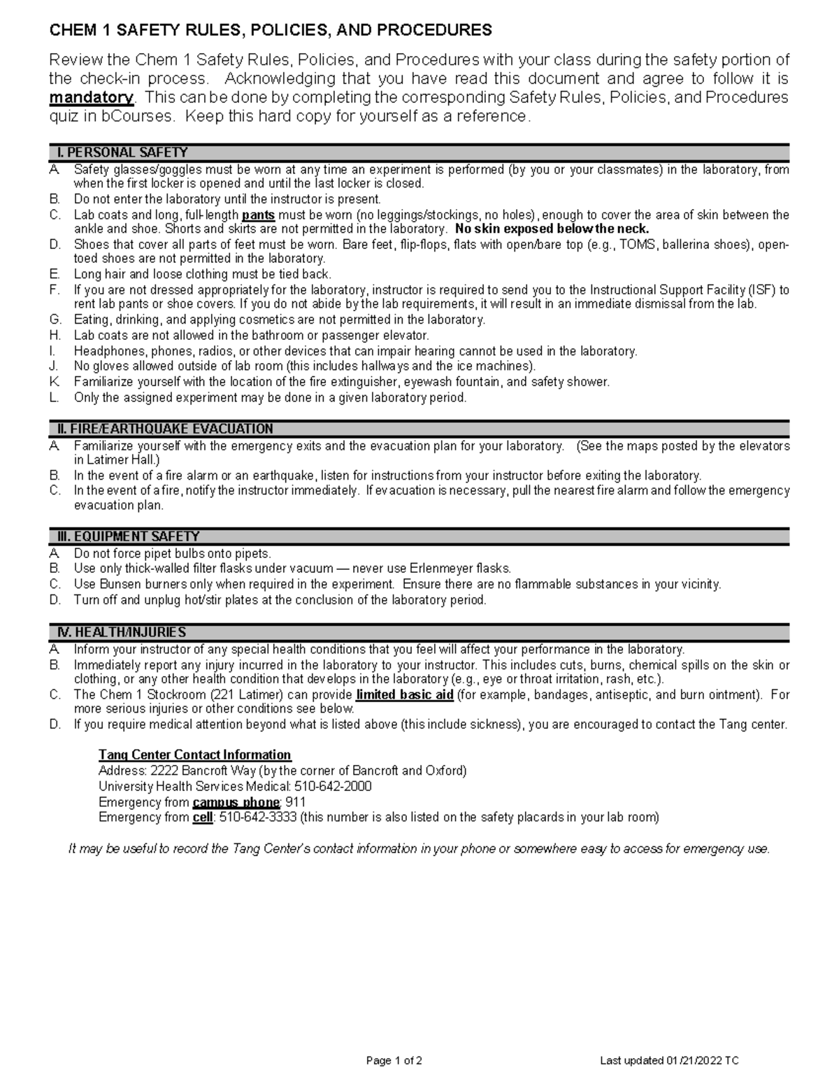 Safety Handout - CHEM 1 SAFETY RULES, POLICIES, AND PROCEDURES Page 1 ...