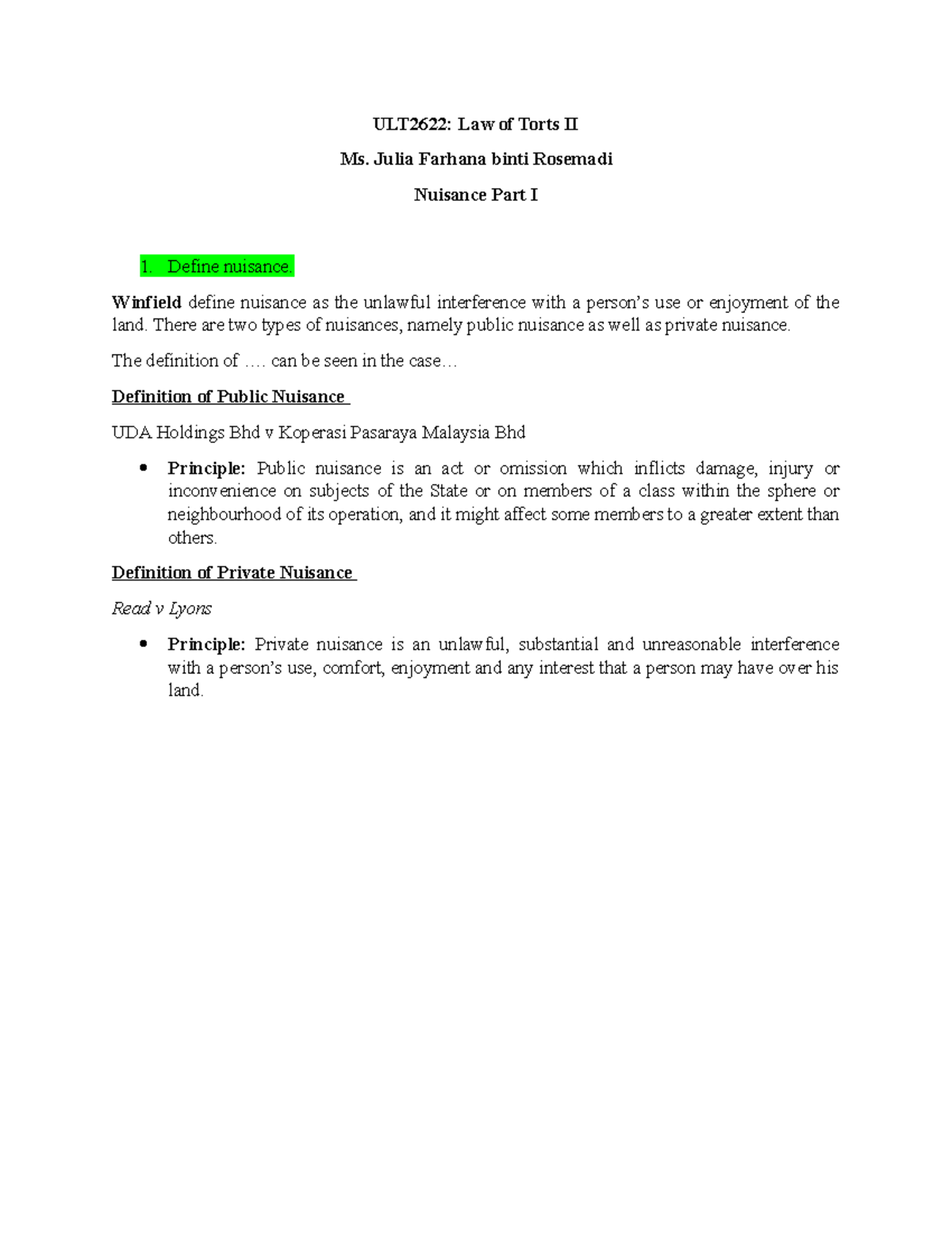 Tuto 1- Torts - tuto - ULT2622: Law of Torts II Ms. Julia Farhana binti ...