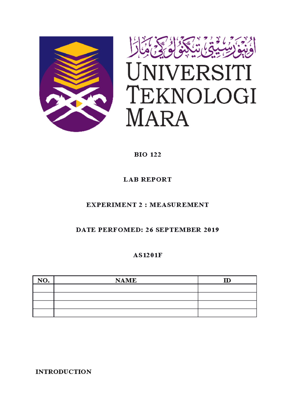 BIO122 EXP2 - EXPERIMENT 2 : MEASUREMENT - BIO 122 LAB REPORT ...