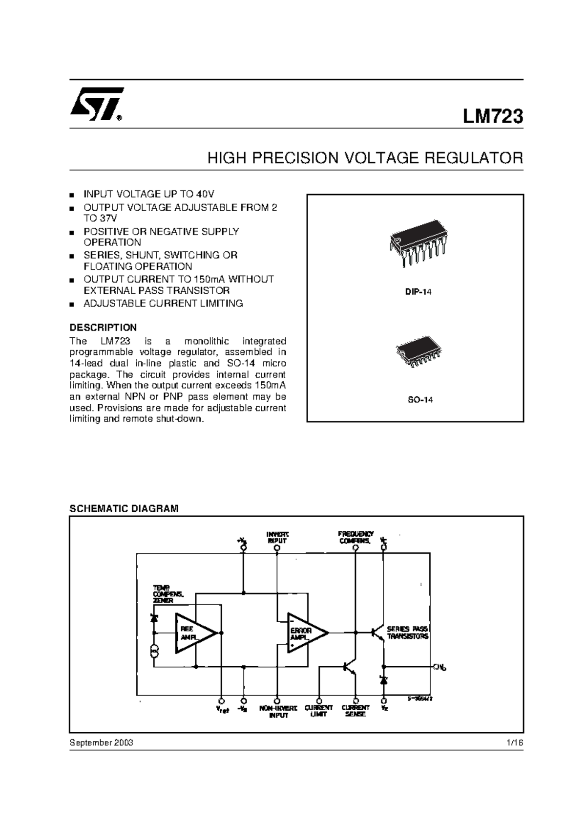 LM723 - Tujf - September 2003 1/ n INPUT VOLTAGE UP TO 40V n OUTPUT ...