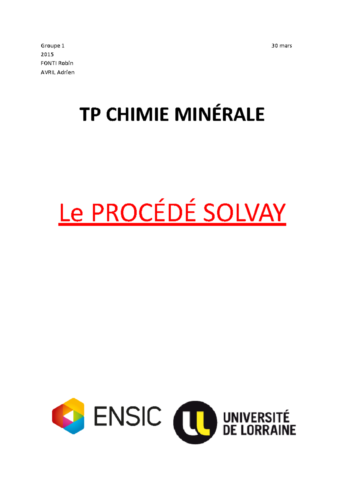 Rapport TP - Procédé Solvay - Groupe 1 30 mars 2015 FONTI Robin AVRIL ...