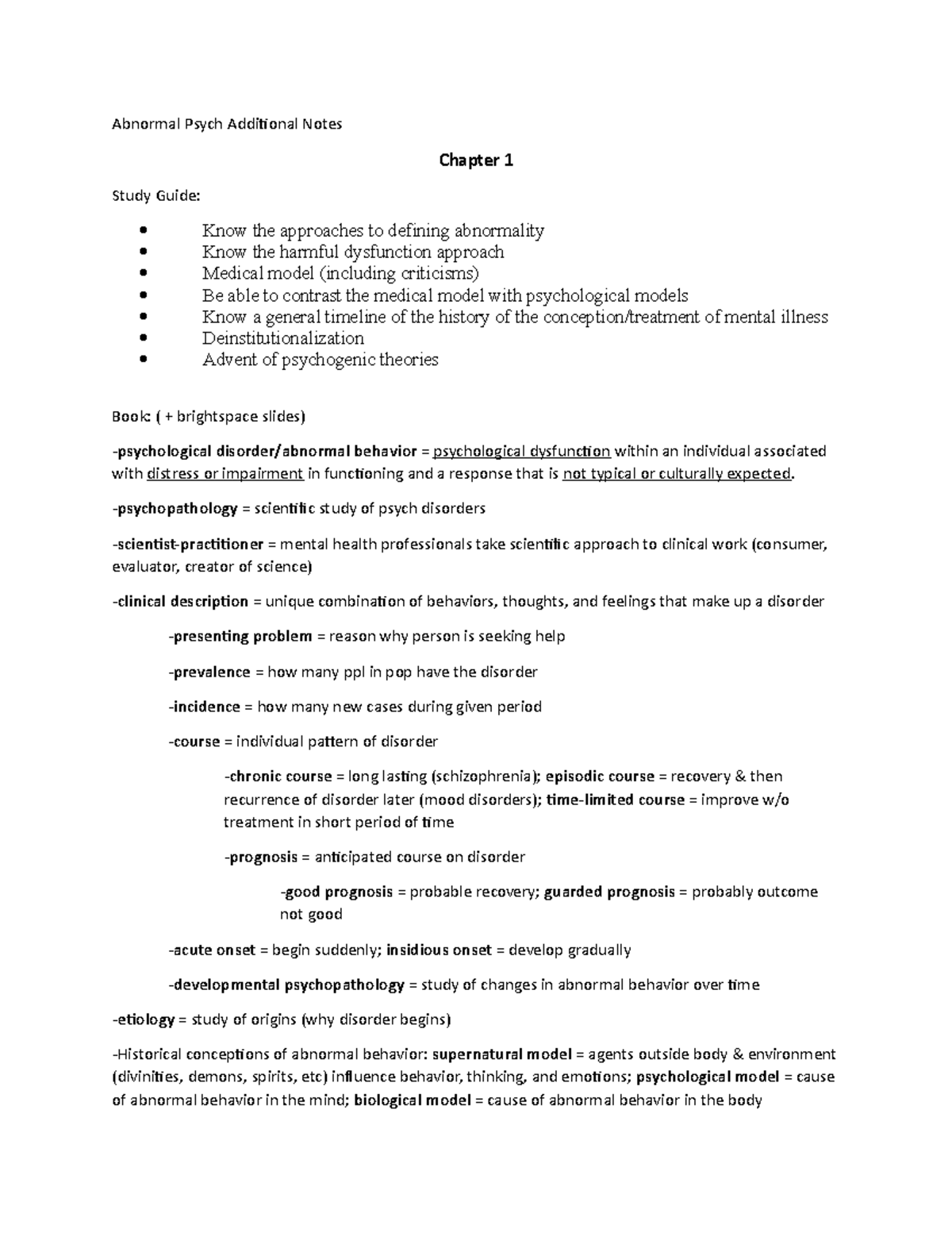 Abnormal Psych Book Notes - Abnormal Psych Additional Notes Chapter 1 ...