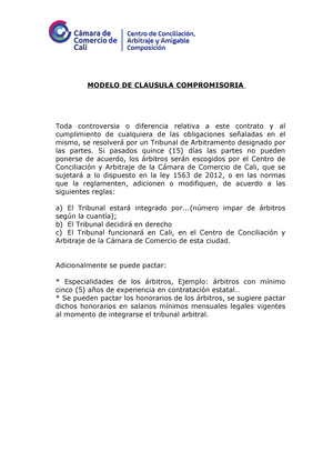 Modelo- Clausula- Compromisoria- minuta de como hacer clausula - MODELO DE CLAUSULA  COMPROMISORIA - Studocu