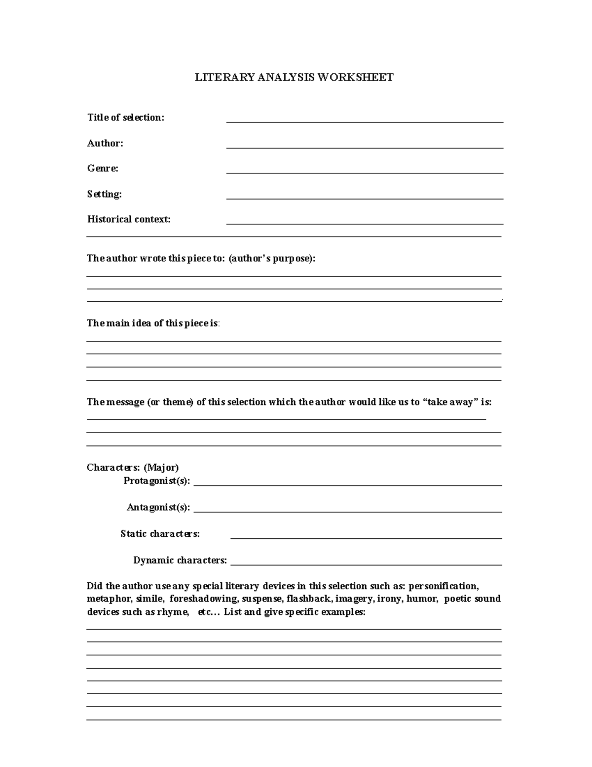 Literary Analysis Worksheet - LITERARY ANALYSIS WORKSHEET Title of ...