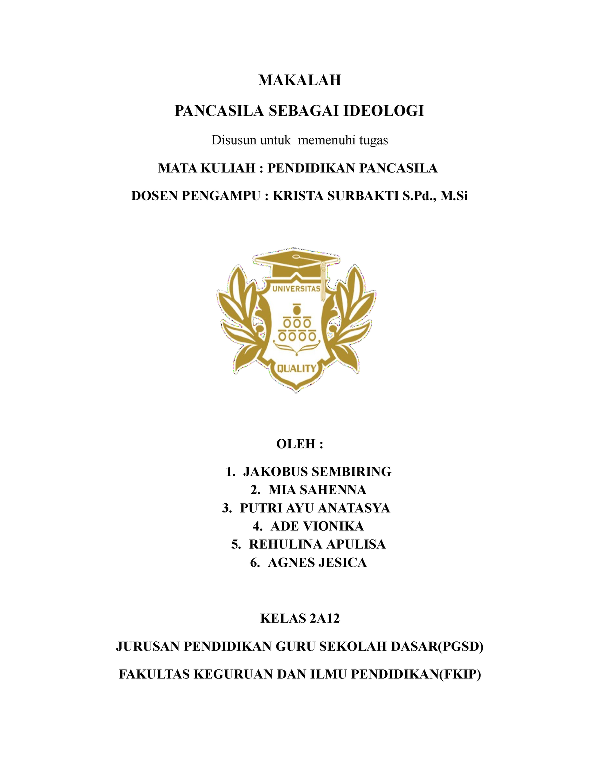 Tugas Mahasiswa Mata Kuliah Pancasila PGSD 2A12 PDF - MAKALAH PANCASILA ...