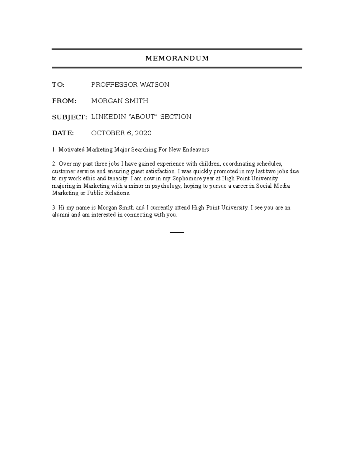 Linkedin About Section MEMORANDUM TO PROFFESSOR WATSON FROM MORGAN linkedin-about-section-memorandum-to-proffessor-watson-from-morgan