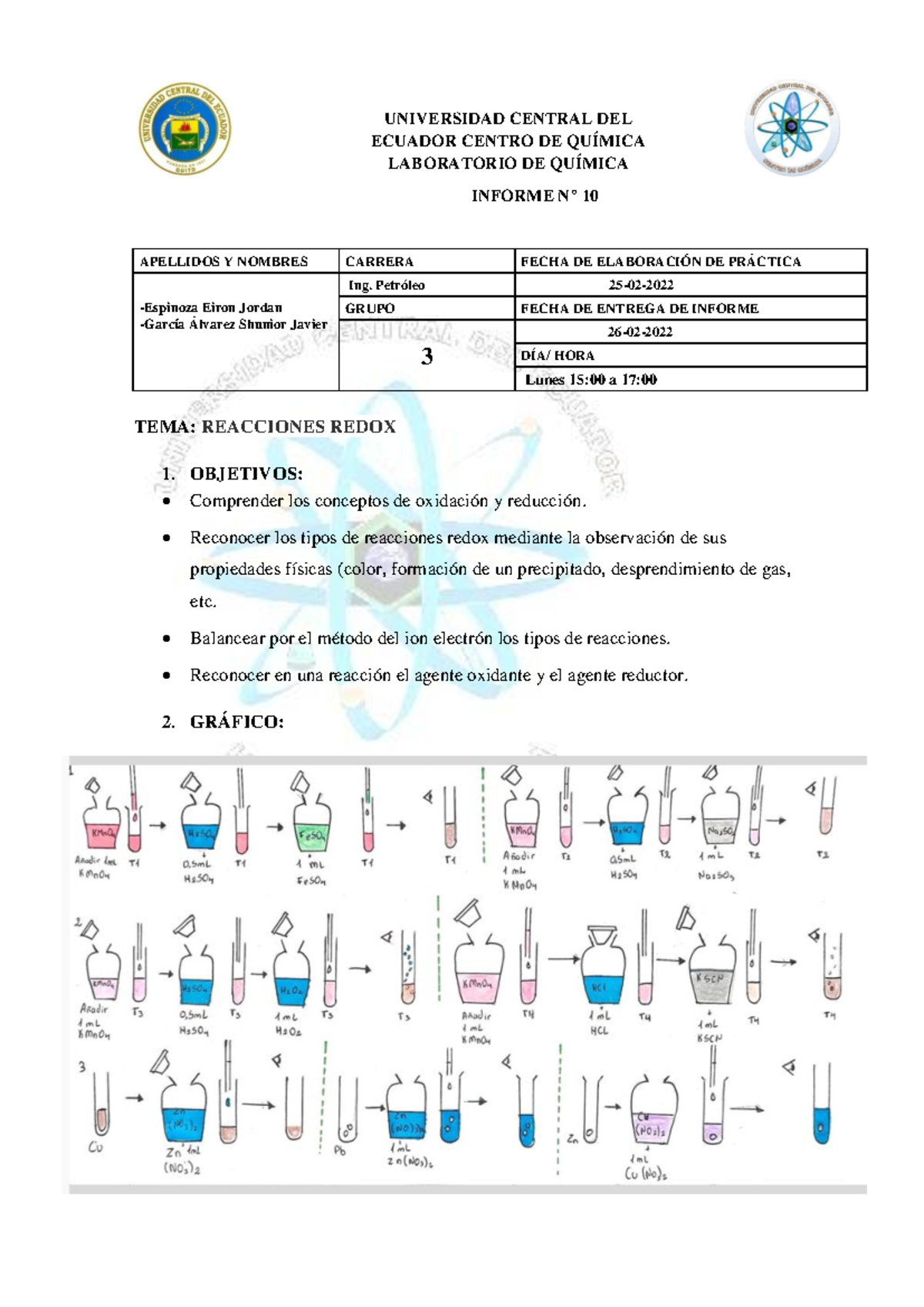 Informe P10 Grupo 3 Reacciones Redox Universidad Central Del Ecuador