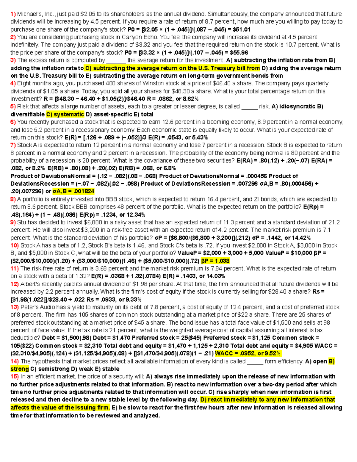 Finance Exam 2 Practice problems for final exam, with calculations