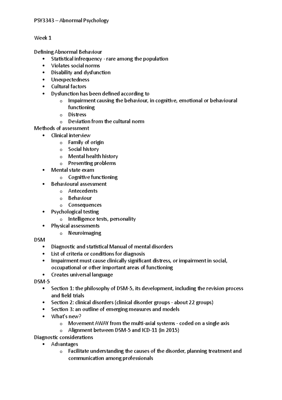 PSY3343 week 1-7 notes - Week 1 Defining Abnormal Behaviour Statistical ...