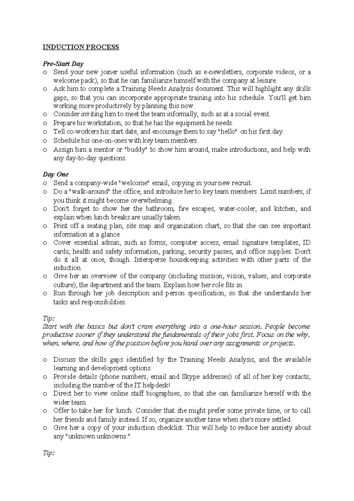 Induction Plan - INDUCTION PROCESS Pre-Start Day o Send your new joiner ...