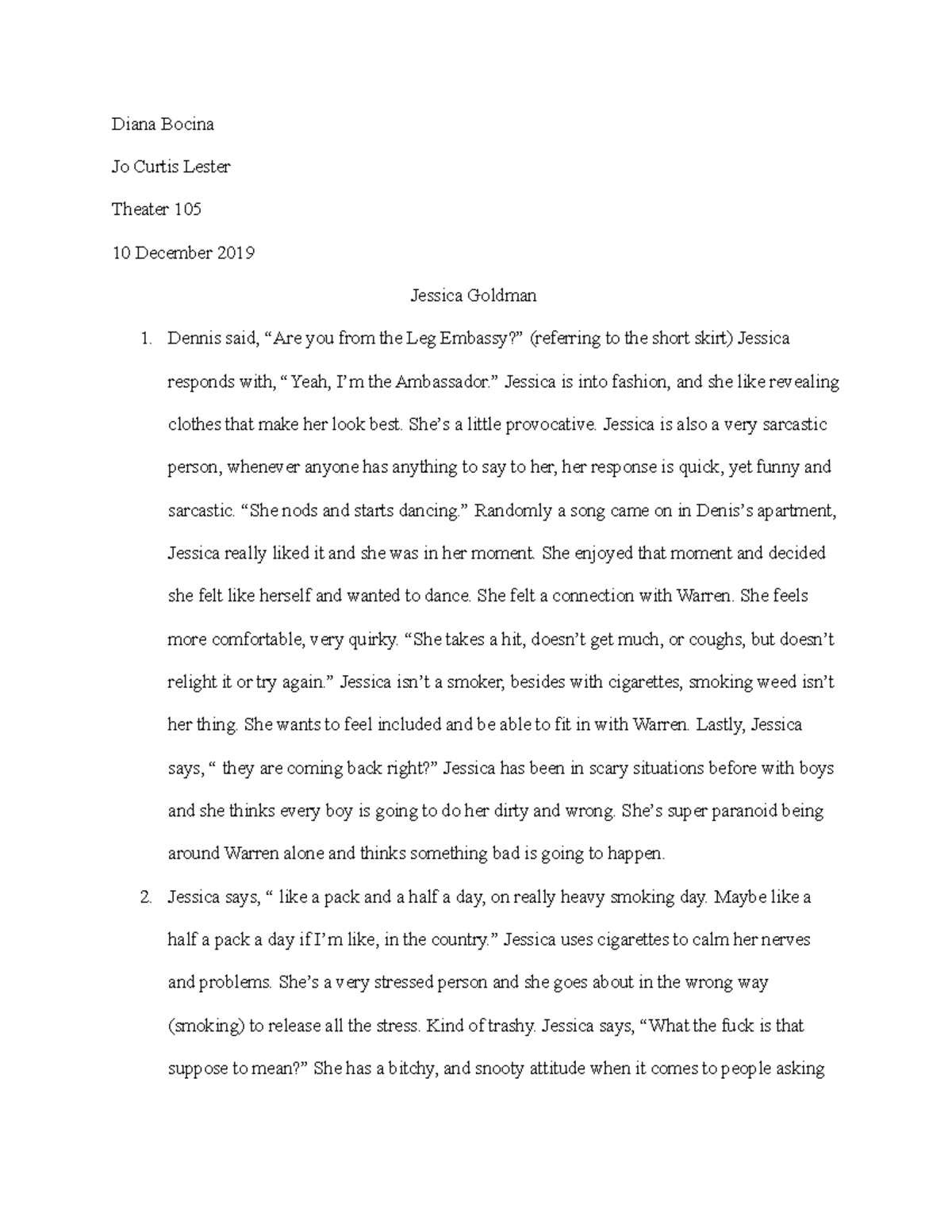 Theater Character Analysis - Diana Bocina Jo Curtis Lester Theater 105 ...