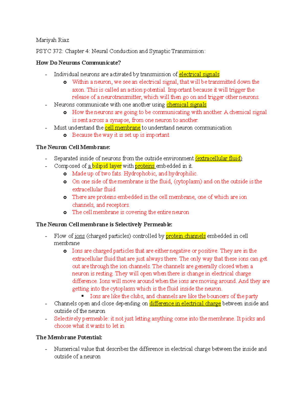 Chapter 4 Notes Neural Contaction and synaptic trasnmission - Mariyah ...