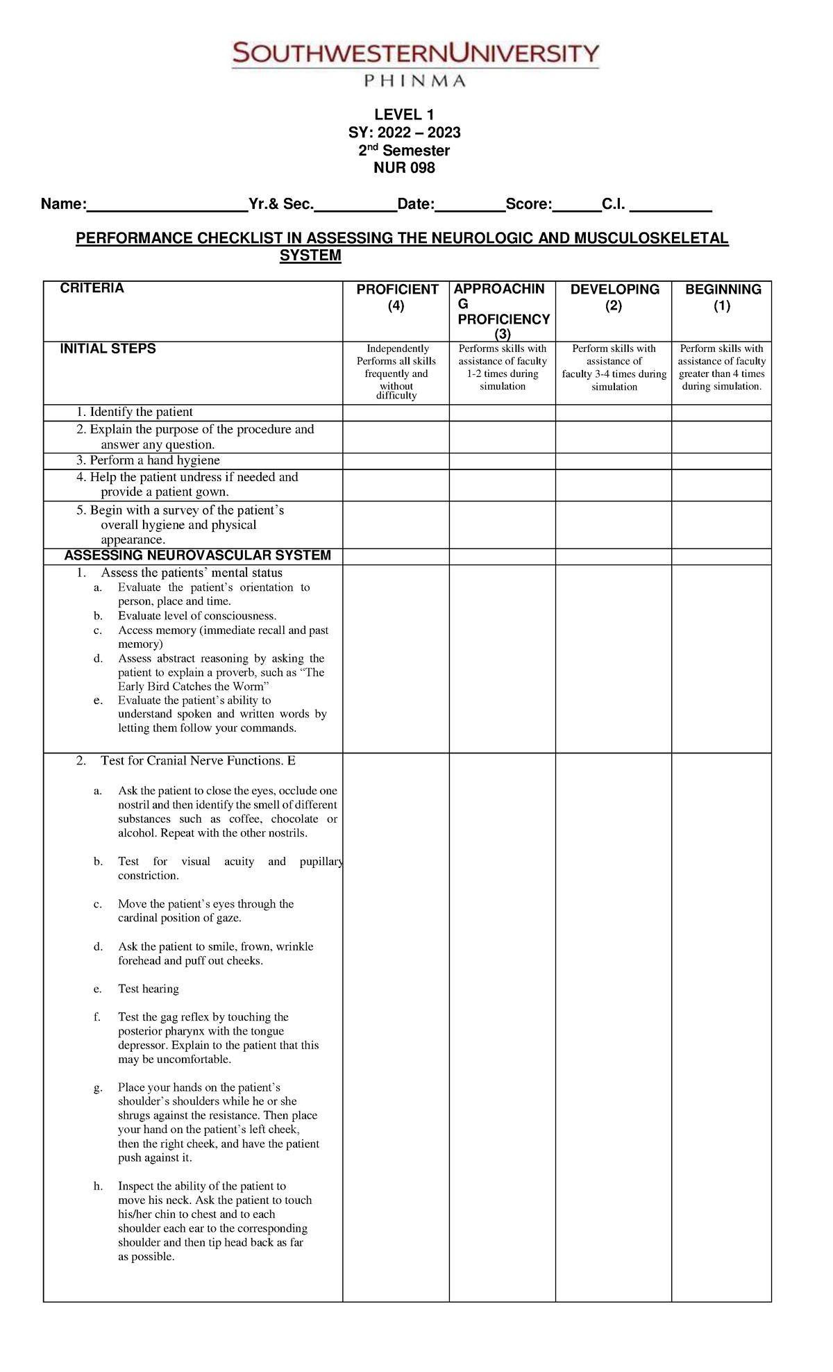 Performance Checklist IN Assessing THE Neurologic Musculoskeletal ...