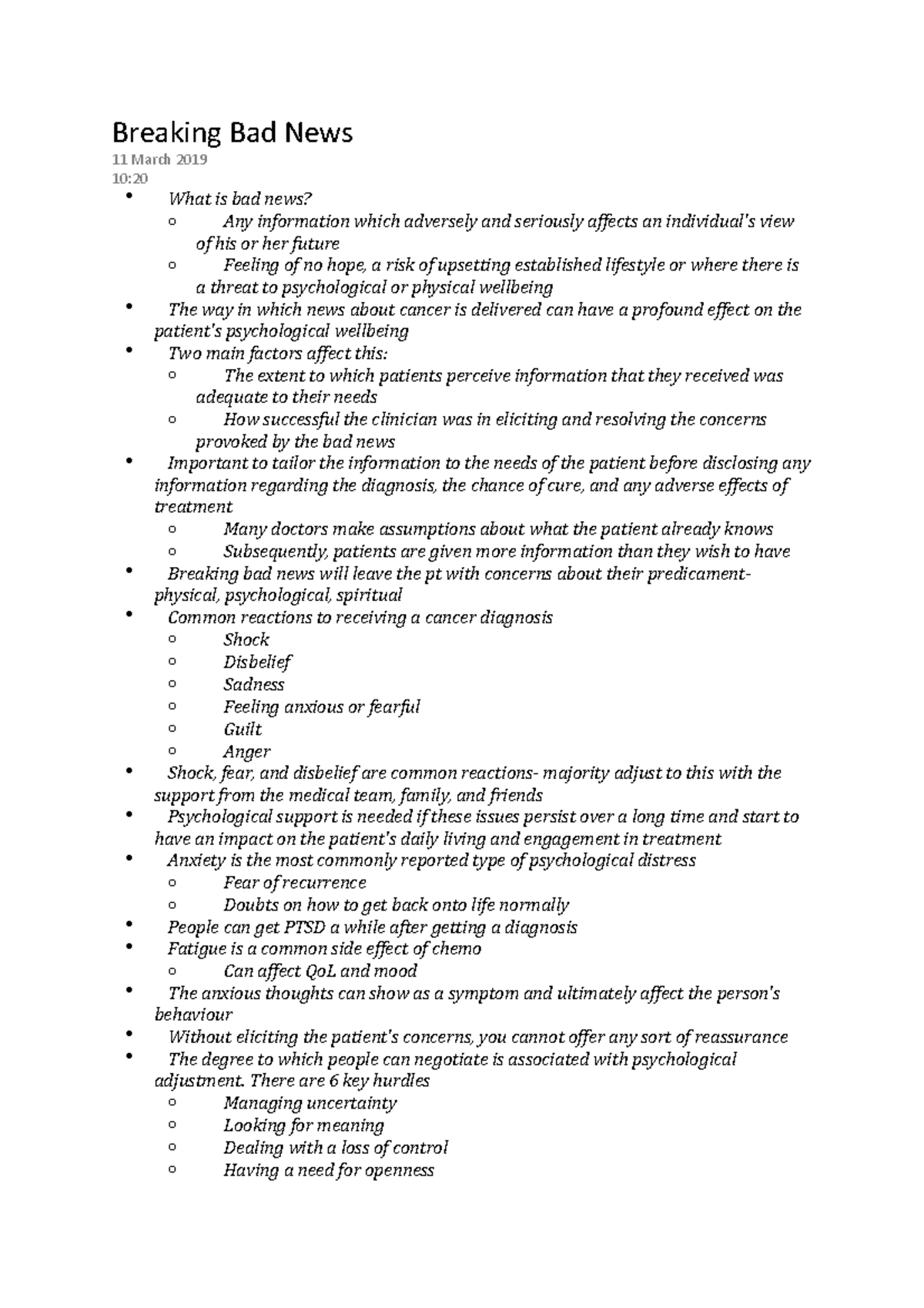 Breaking Bad News Lecture Notes 9 Breaking Bad News 11 March 2019 