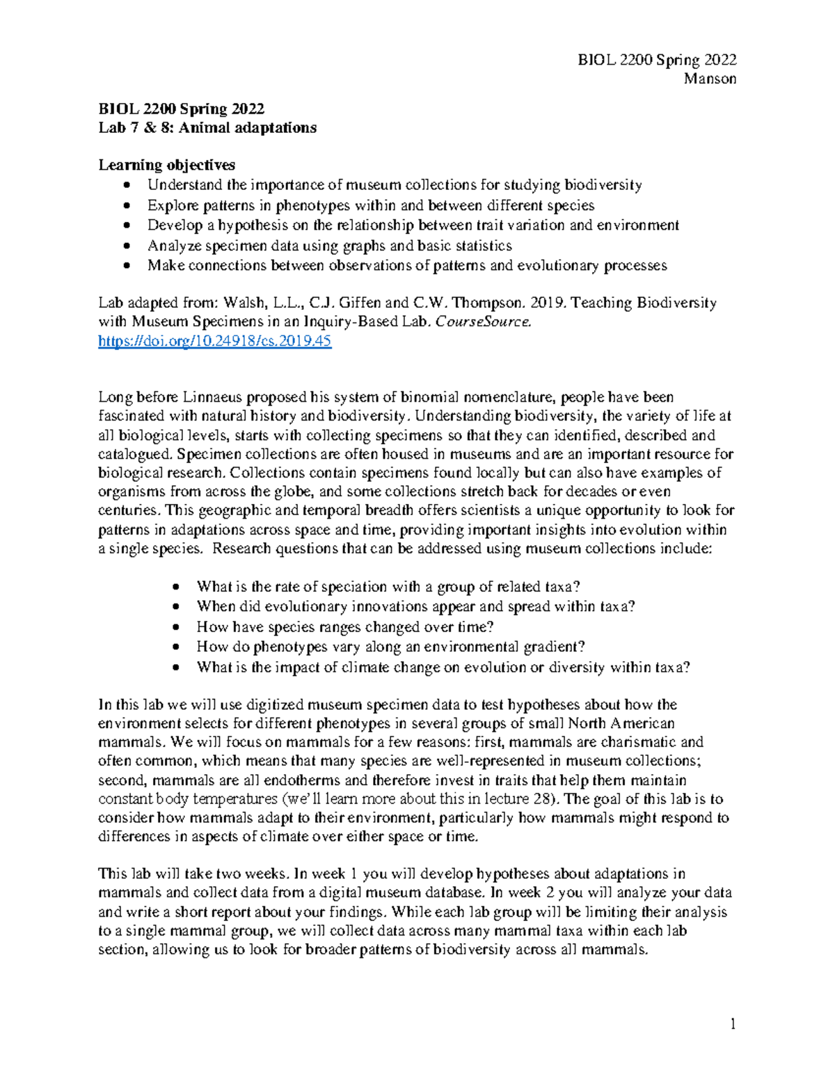 BIOL 2200 Lab 7 and 8 Animal adaptations - Manson BIOL 2200 Spring 2022 ...