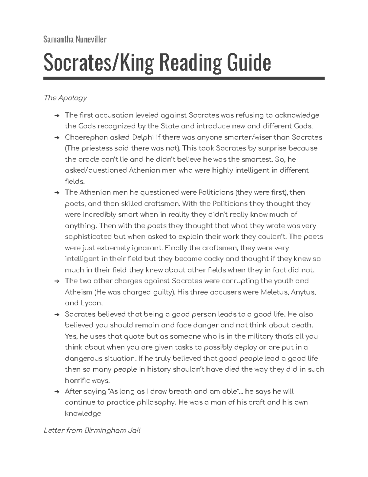 Notes - Samantha Nuneviller Socrates/King Reading Guide The Apology The ...