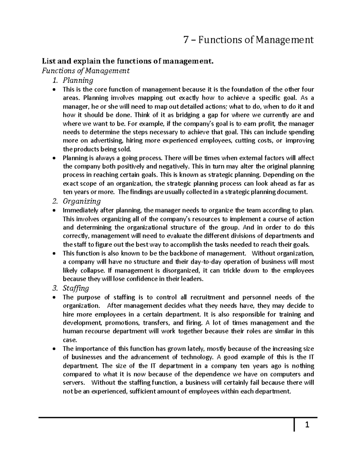 Functions of Management - Functions of Management 1. Planning This is ...