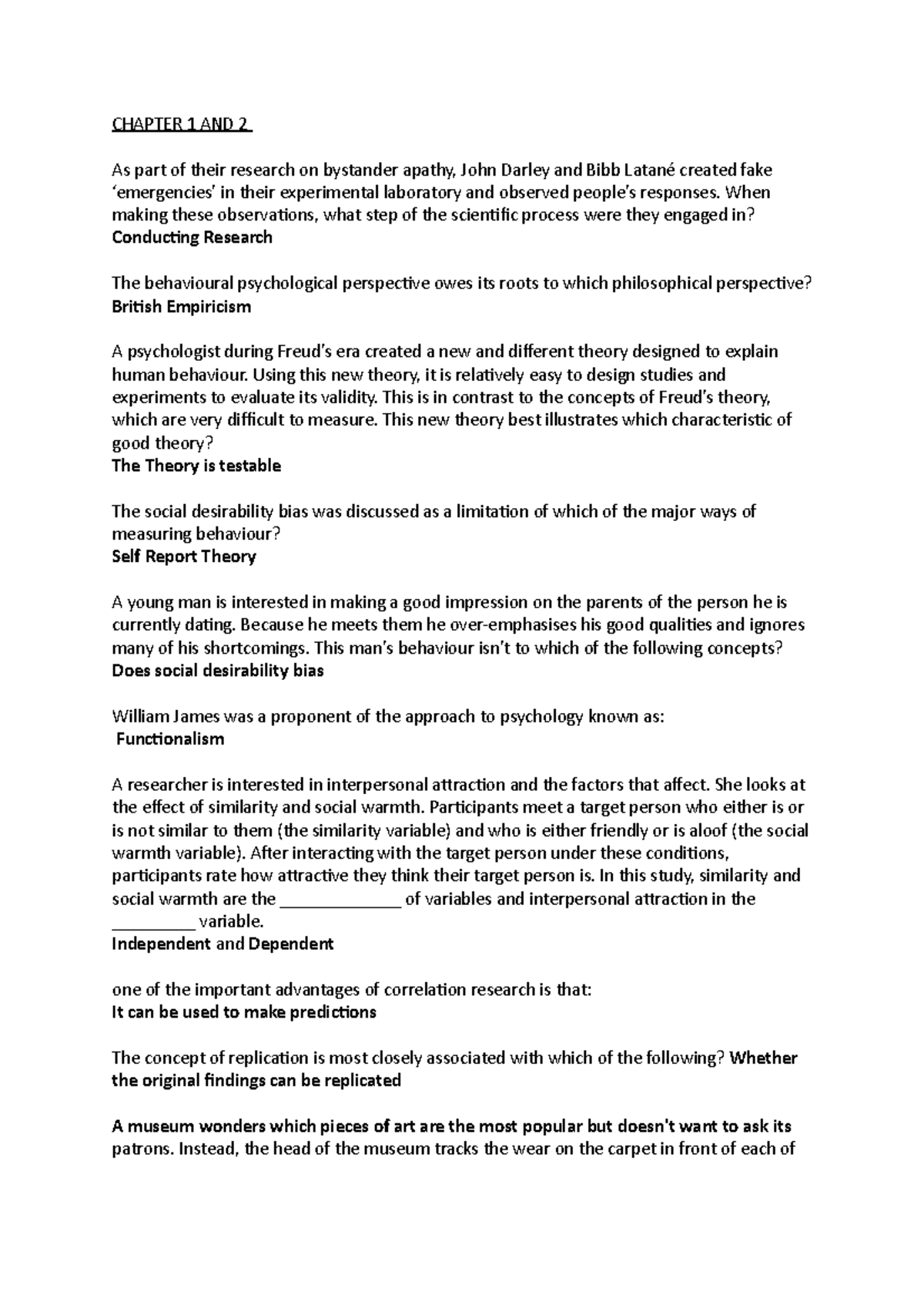 Psychology - Quiz Questions and Answer for Week1/2 - CHAPTER 1 AND 2 As ...