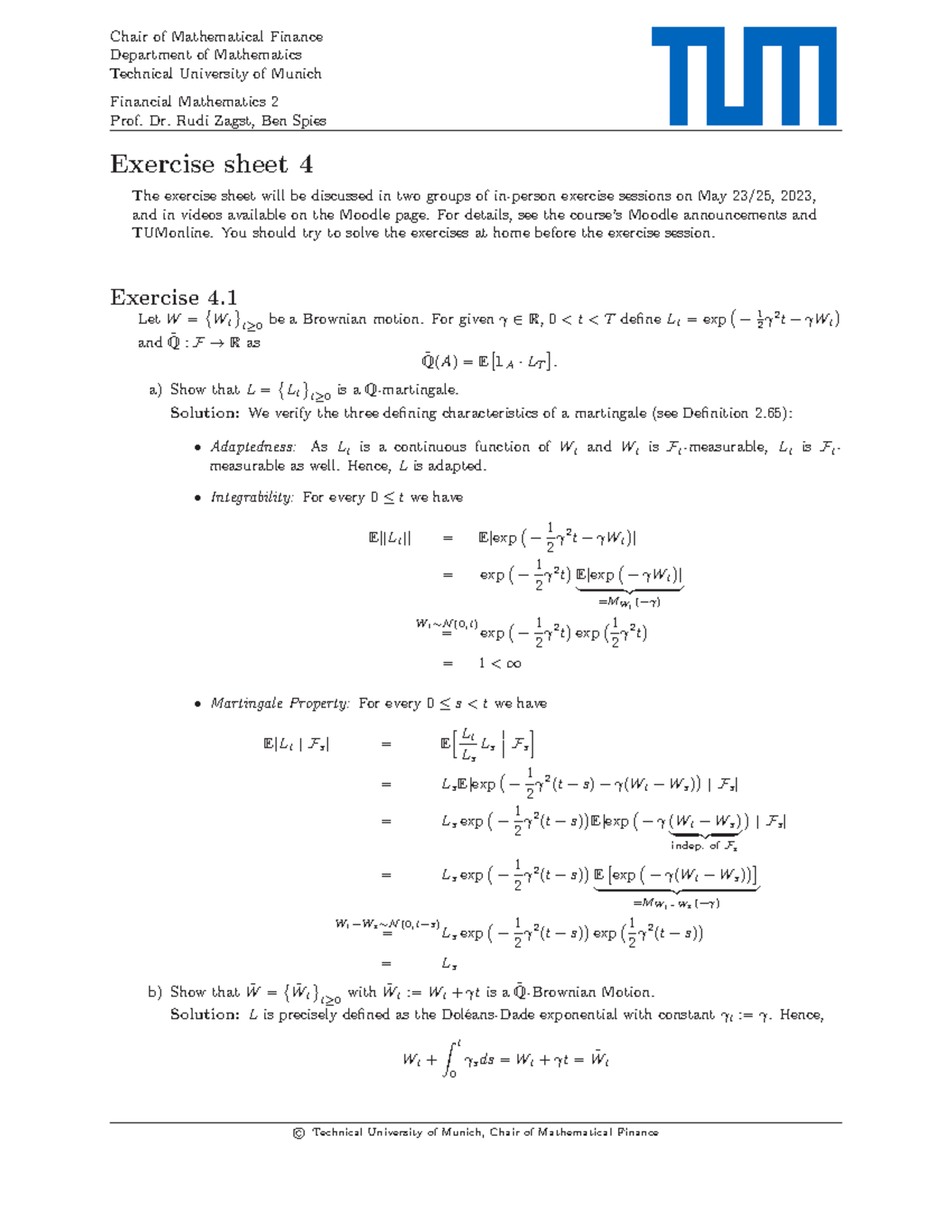 Fi Ma2 Exercise Sheet 04 Solution - Chair of Mathematical Finance ...