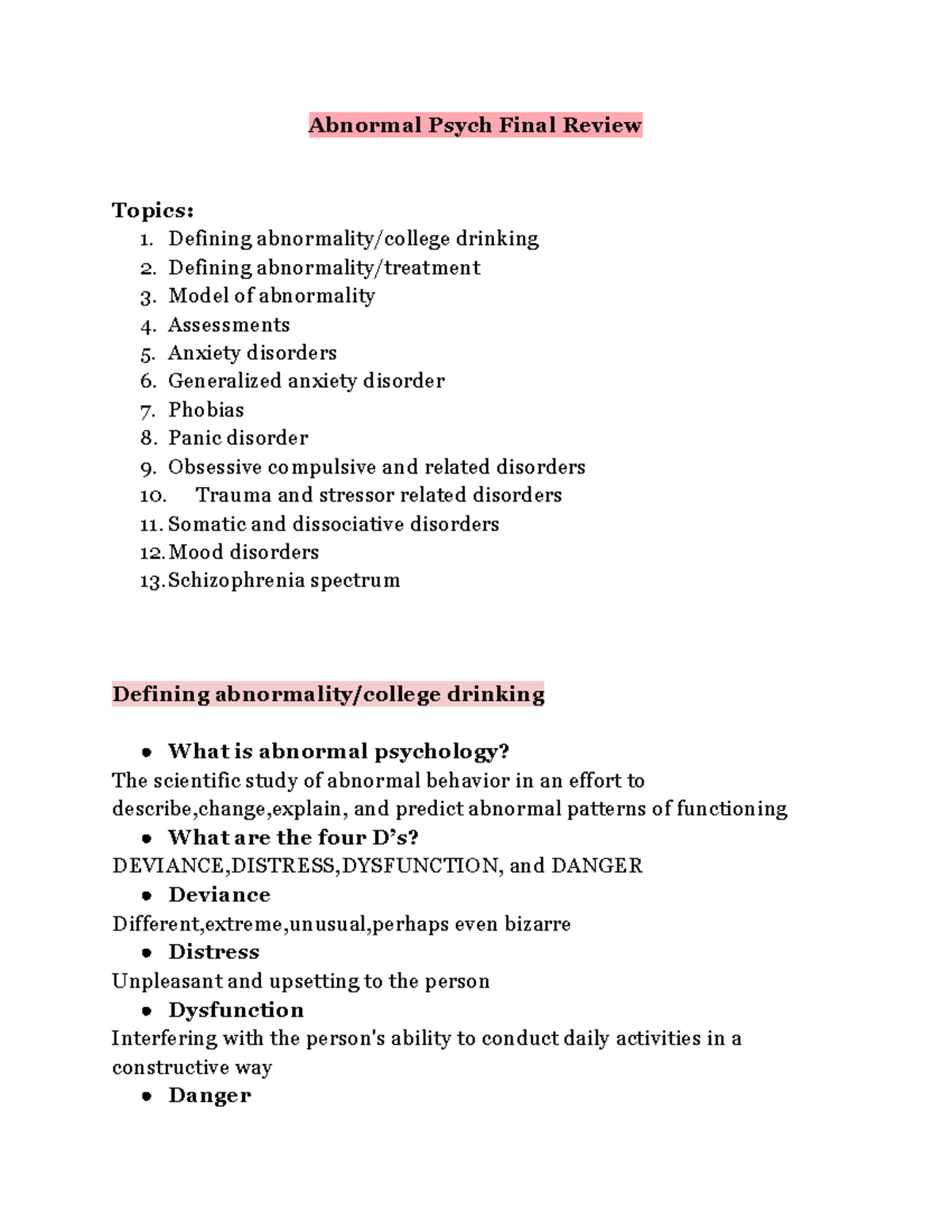 Abnormal Psych Final Review Guide - Abnormal Psych Final Review Topics ...