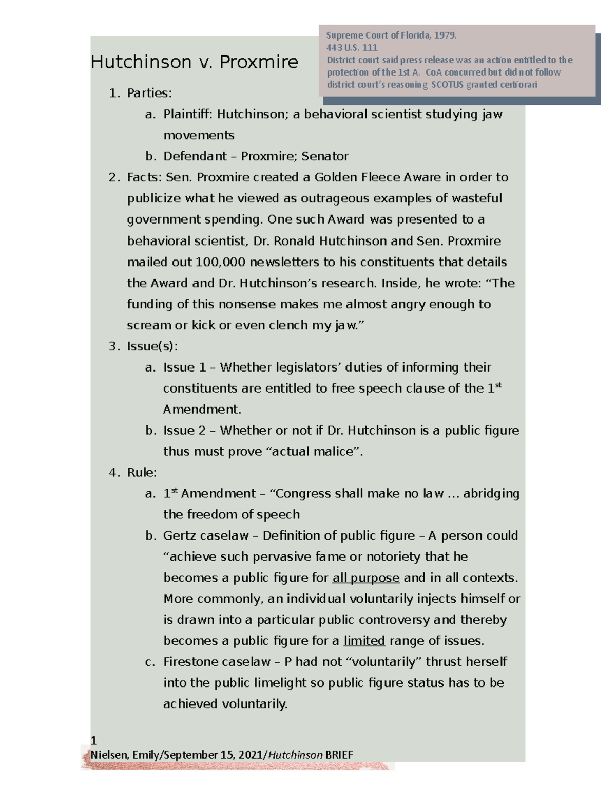 Hutchinson v. Proxmire Casenote & Case Brief Hutchinson v. Proxmire