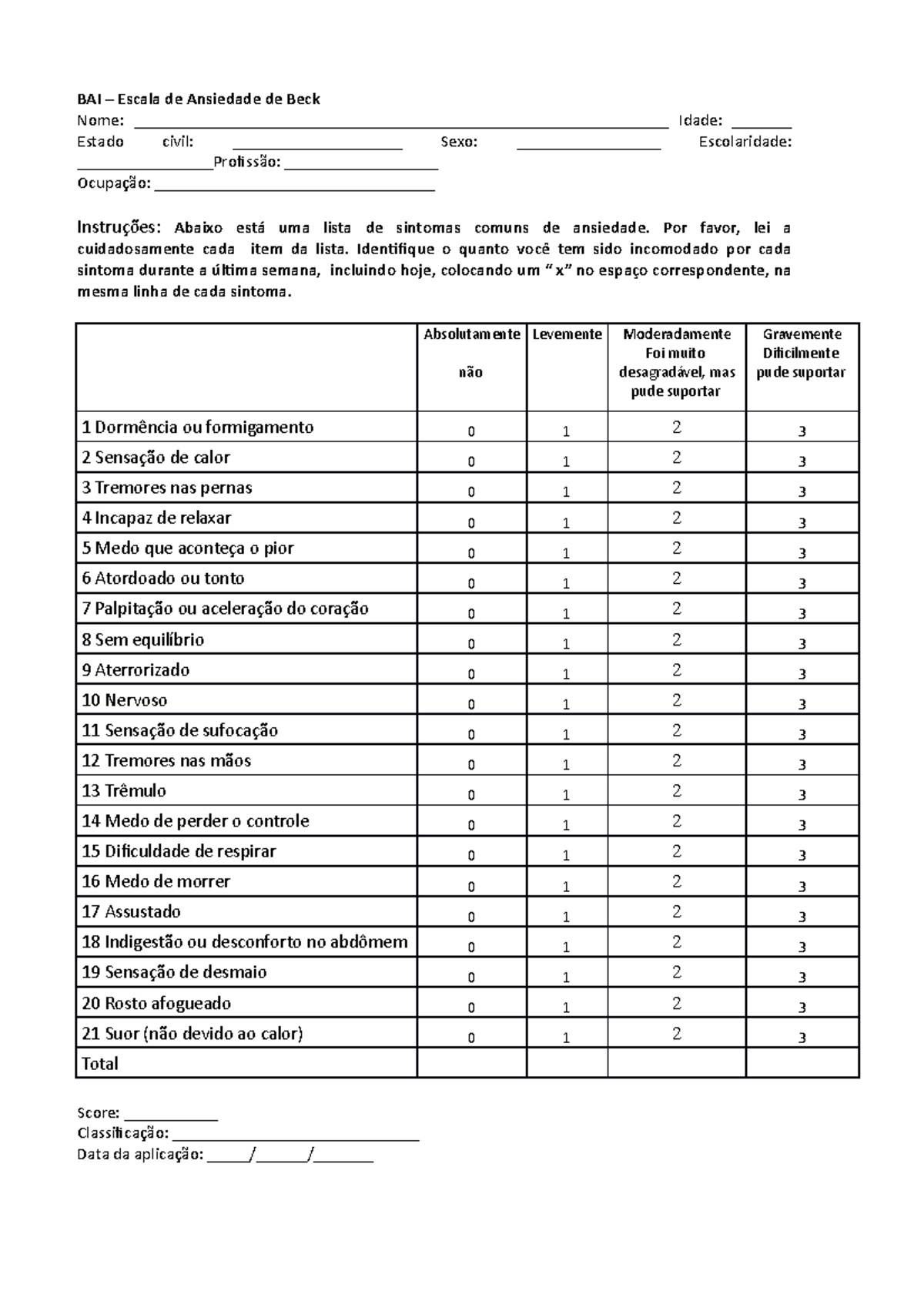BAI Escala De Beck - BAI – Escala De Ansiedade De Beck Nome: - Studocu