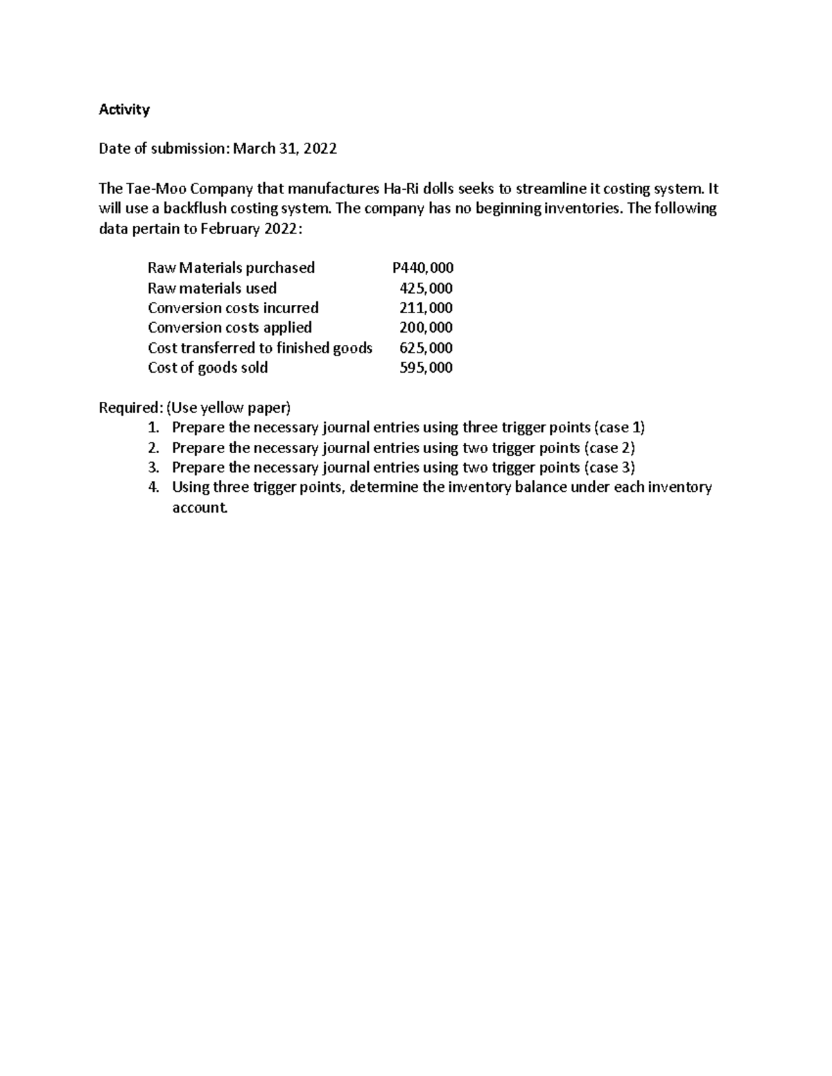 Activity Backflush Costing Activity Date of submission March 31, 2022 The TaeMoo Company
