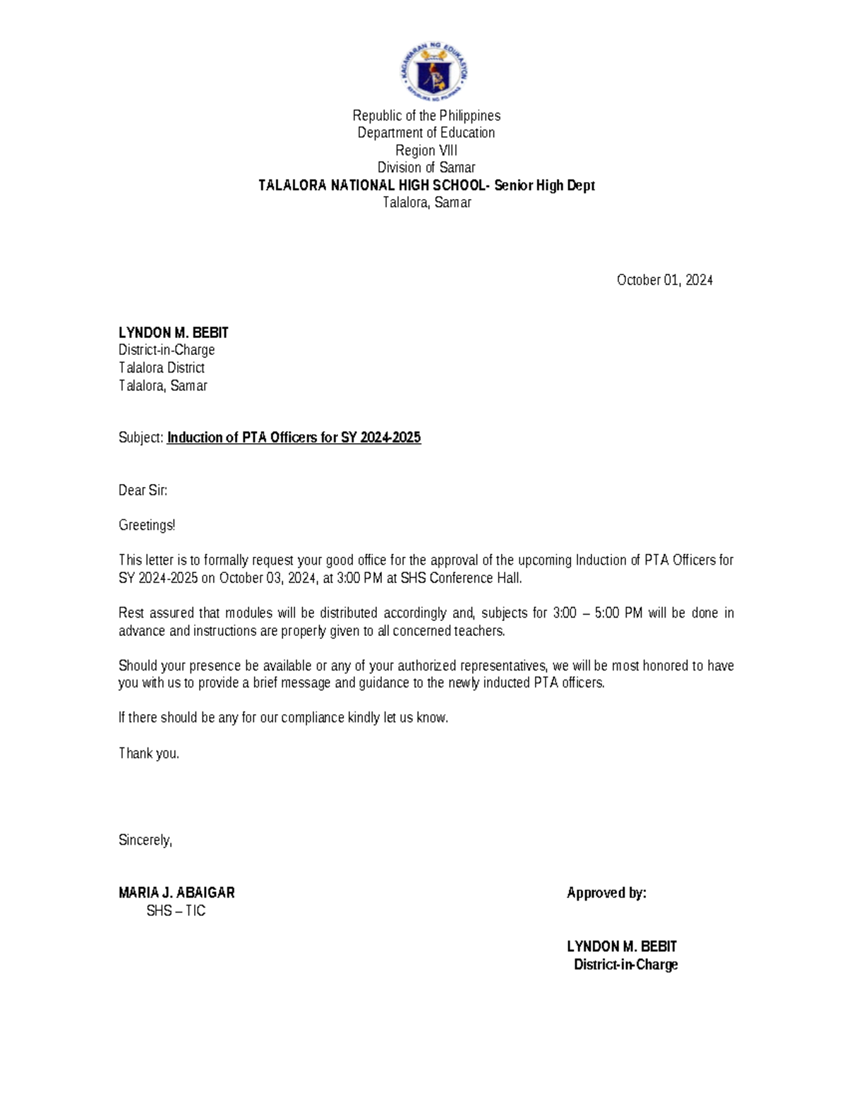 Induction Letter - Republic of the Philippines Department of Education ...