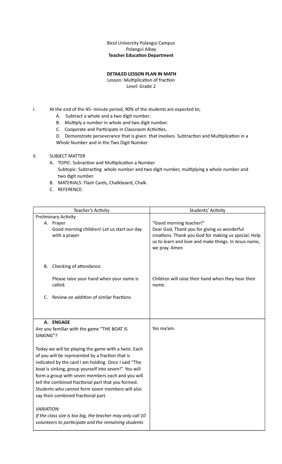 A Detailed Lesson PLAN IN MATH 5 Sample - Bicol University Polangui ...