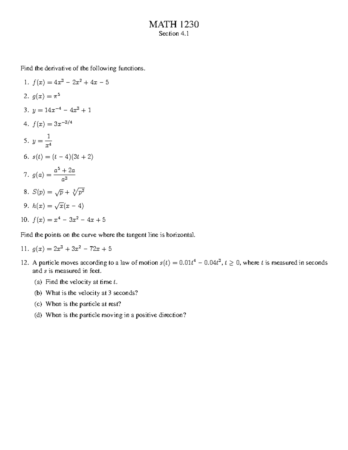 1230 Worksheet 4.1 Solutions - MATH 1230 Section 4. Find the derivative ...