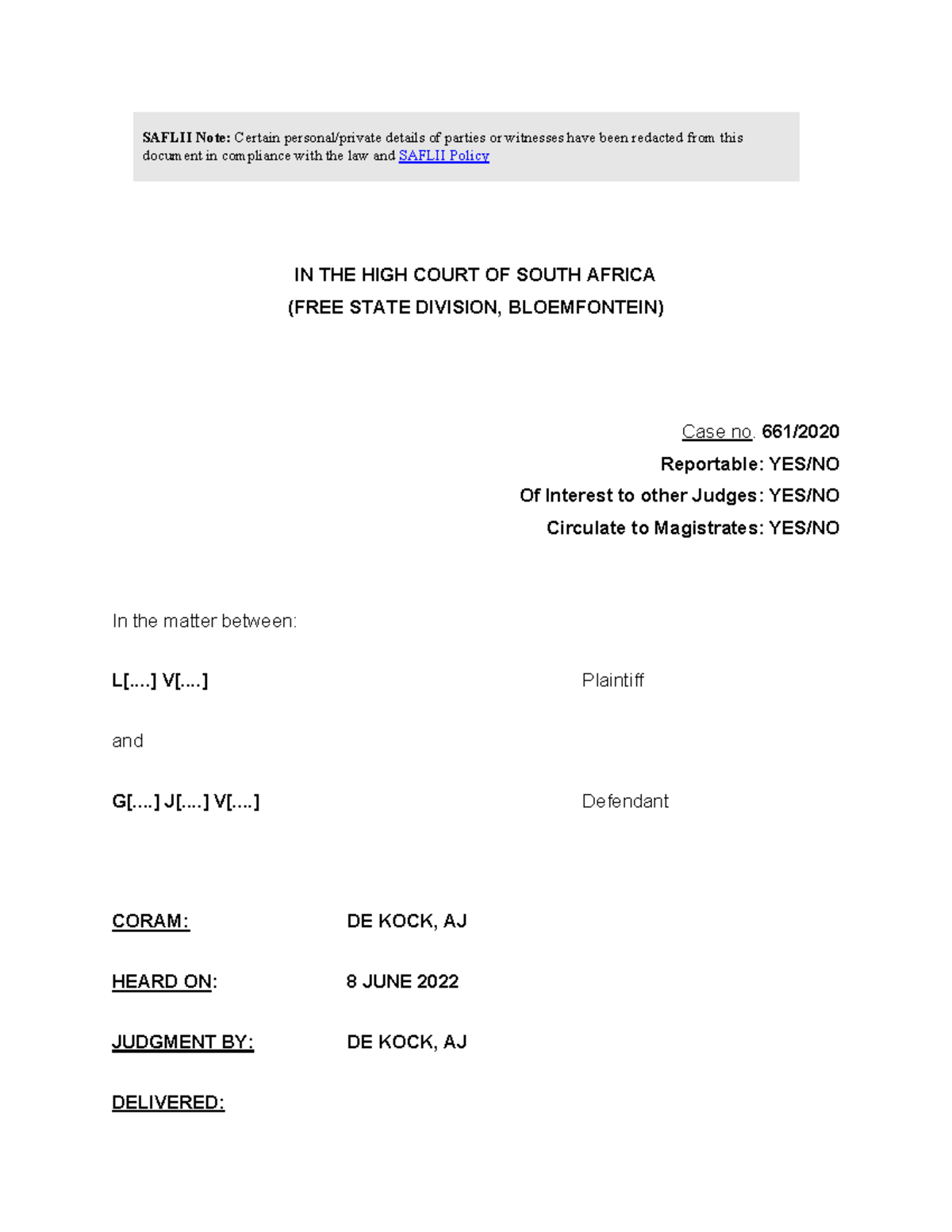 165 .. IN THE HIGH COURT OF SOUTH AFRICA (FREE STATE DIVISION