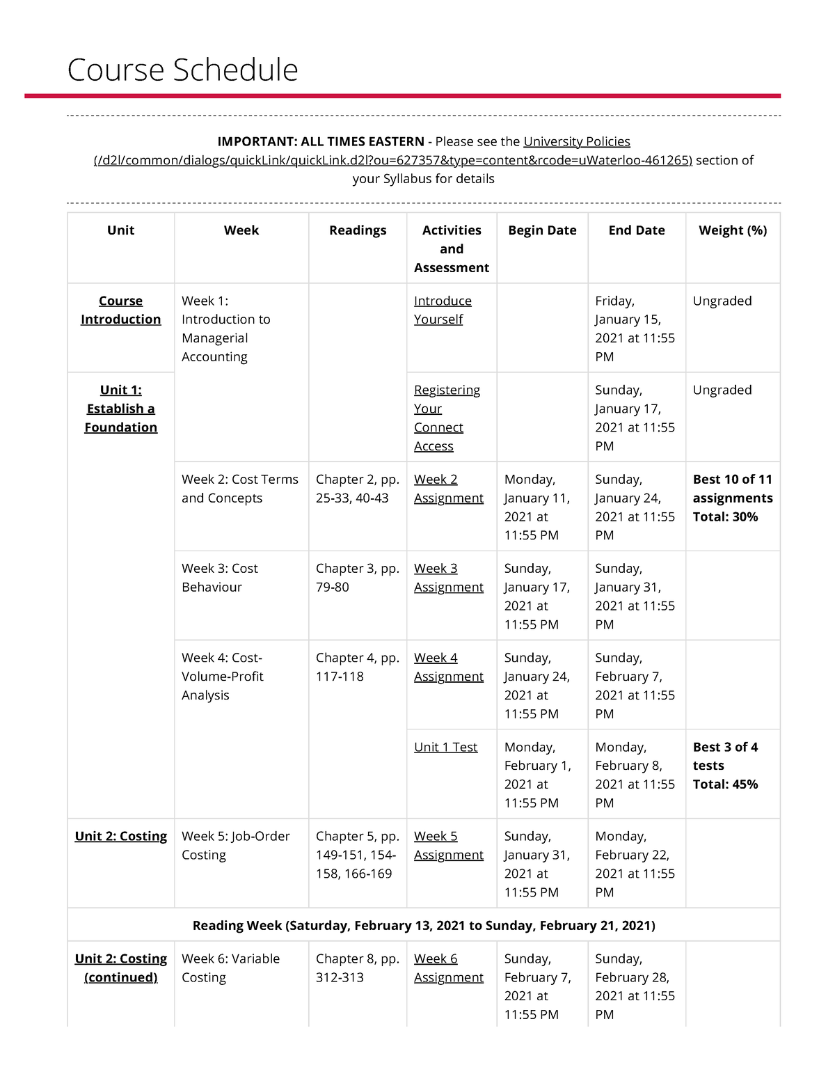 AFM 102 Course Schedule Course Schedule IMPORTANT ALL TIMES EASTERN