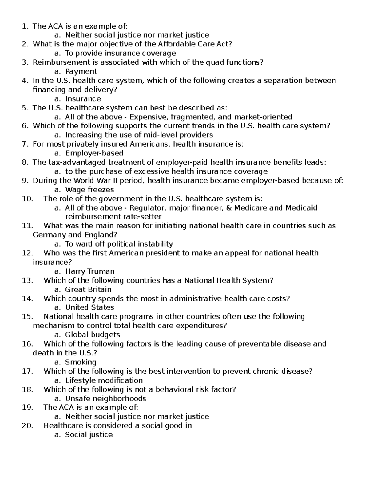 HSA 3111 Midterm Official Study Guide - The ACA Is An Example Of: A ...